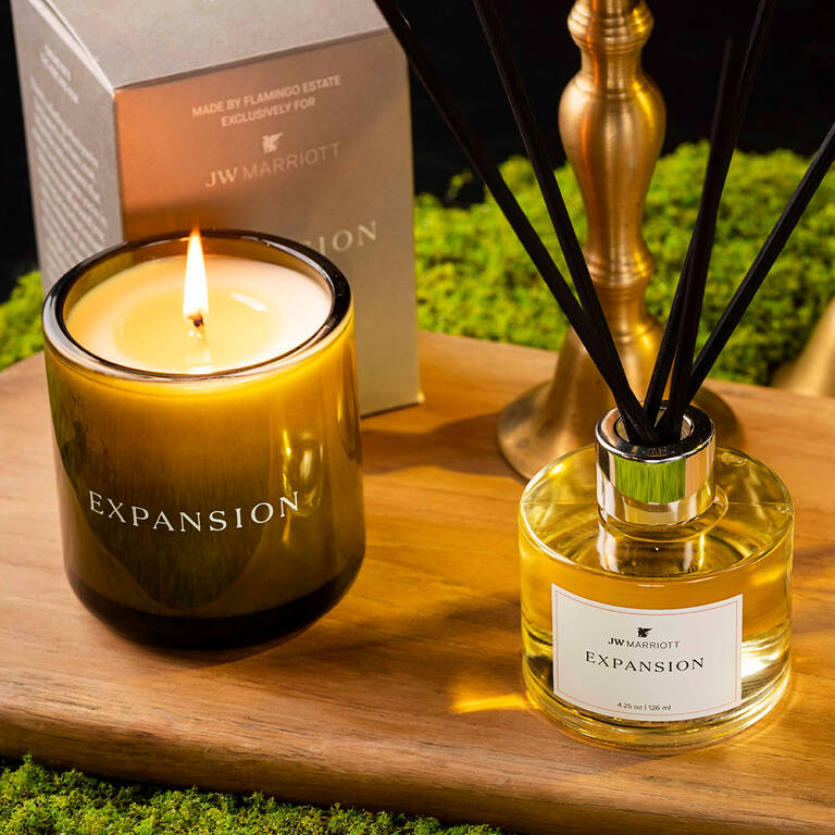 JW Marriott x Flamingo Estate Expansion fresh fragrance candle and reed diffuser