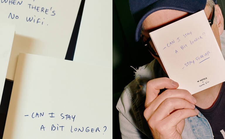 Thomas Lélu holding signature note handwritten on W Hotels paper Thomas Lélu holding signature note handwritten on W Hotels paper