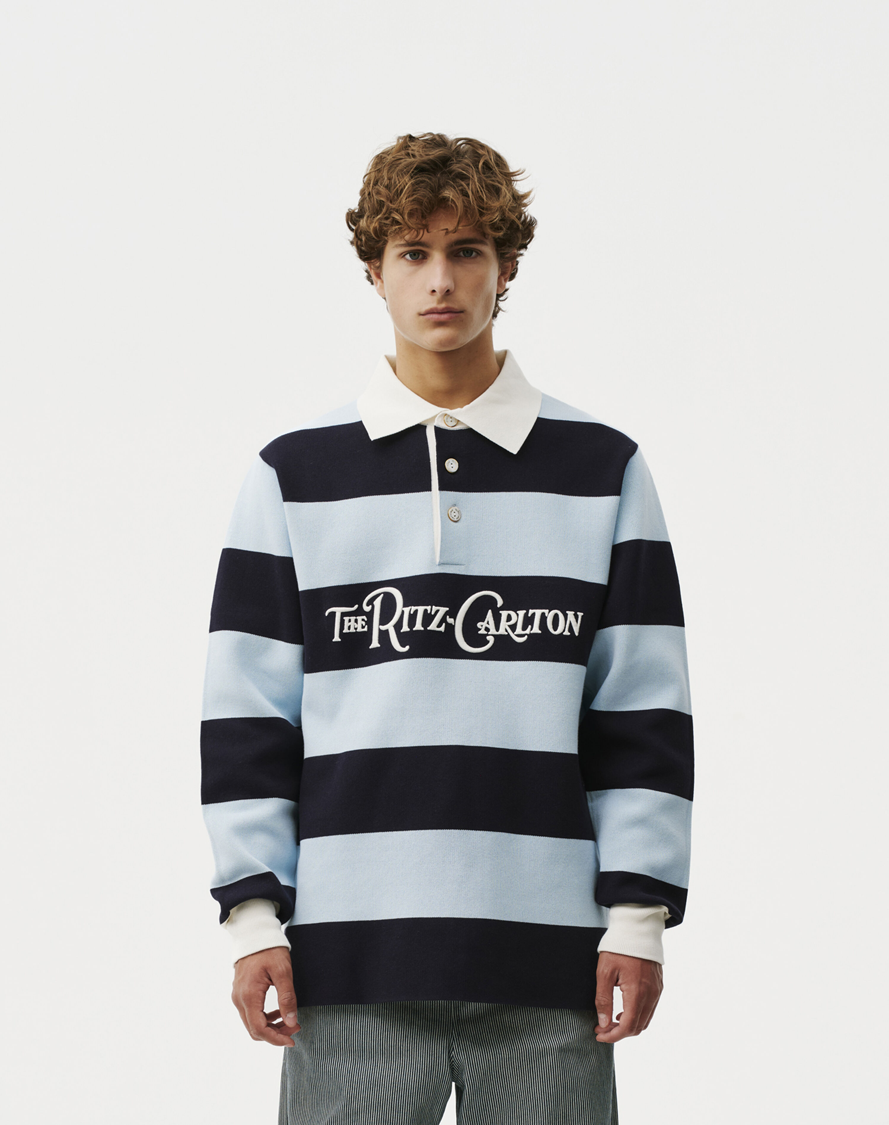 Late Checkout Light Blue/Navy Rugby Polo by The Ritz-Carlton